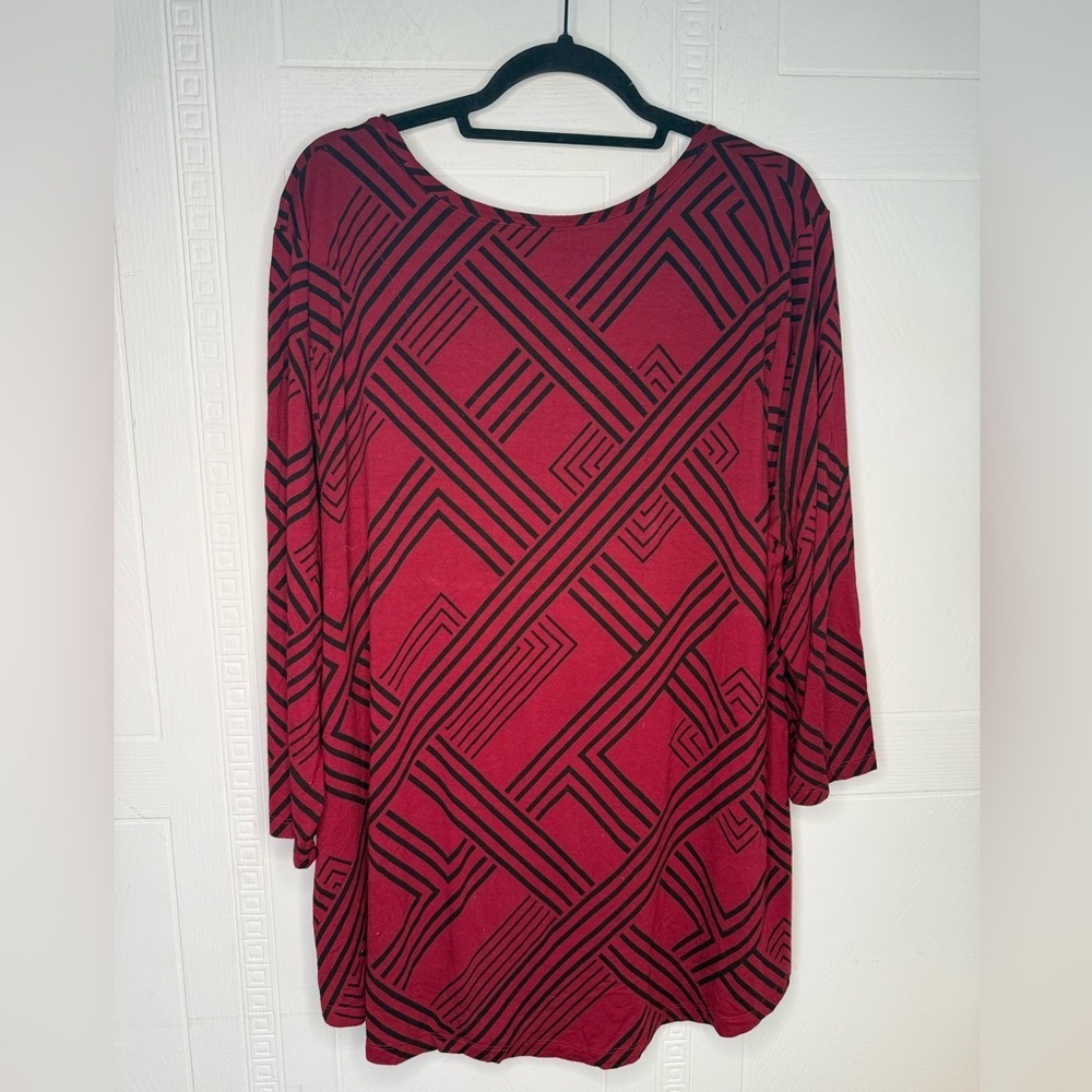 JM Collection Top Womens XXL Burgundy Black Geometric 3/4 Sleeve Tunic - Picture 7 of 12